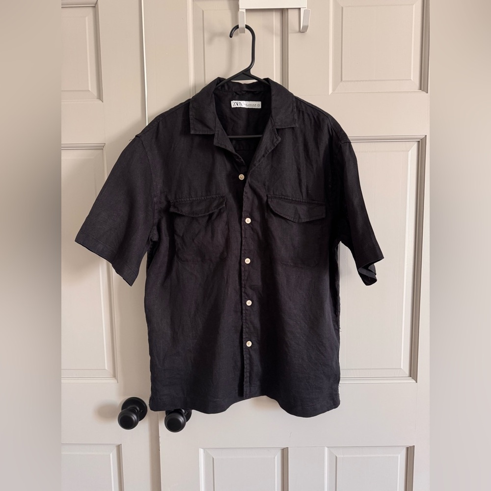 Men’s Zara Black 100% linen button shirt M